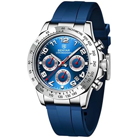 BENYAR Men's Quartz Watches for Men Chronograph Display Waterproof Sport Rubber Strap Analogue Wrist Watch (Blue BENYAR-5192M) Cover