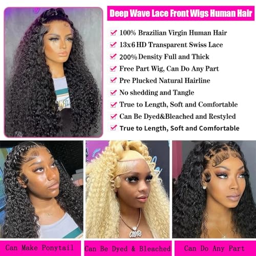 jtmmp 13x6 deep wave lace front wigs human hair 200 density 26 inch curly human hair wig for women natural black hd transparent lace glueless frontal wigs human hair pre plucked