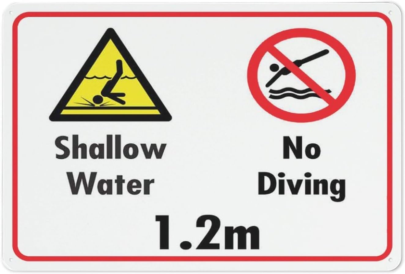 Shallow Water No Diving 1.2M Rust Free Aluminum Sign - Outdoor Decor with Pre-Drilled Holes for Home/Business Pool - 16x12 Inch​