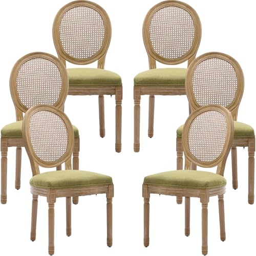 ODUSE-DAILY French Country Dining Chairs Set of 6 Olive Green Kitchen & Dining Room Chairs Set of 6 Rattan Dining Chairs Cane Back Wood Legs Sillas De Comedor (Rattan Olive Green 6Pcs)