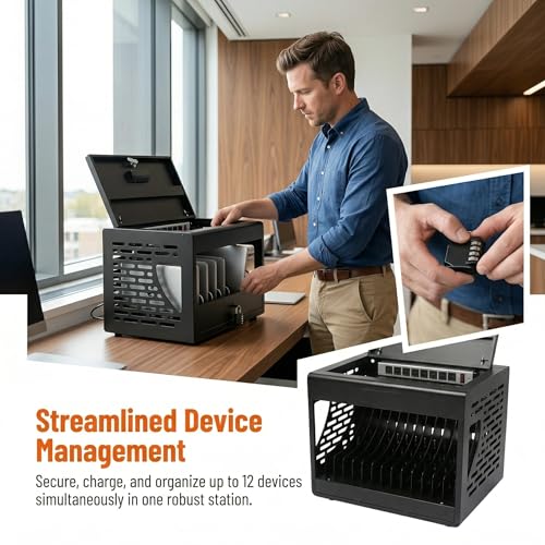 Image of 16 Unit Laptop Charging Station, Locking Charging Cabinet with Interior Steel Dividers & Power Strip, Metal Charging Organizer with Dual Installation Options for Classroom & Office, Black