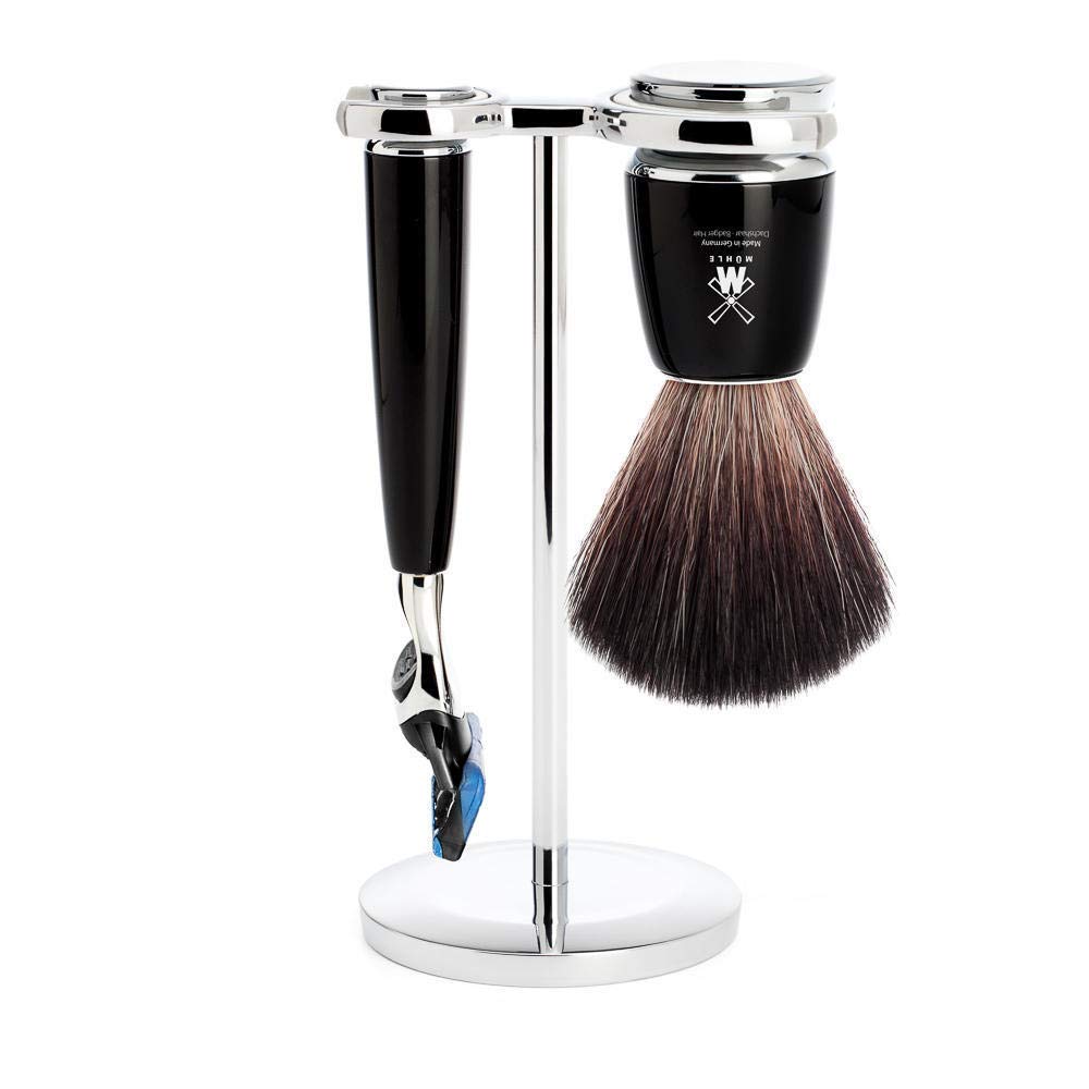 MÜHLE Rytmo 3-tlg. Rasierset mit Systemrasierer, Edelharz-Griff in schwarz | Nassrasur-Set kompatibel mit Gillette Fusion-Klinge, Rasierpinsel Black Fibre vegan, Halterung, für Bart, Gesicht und Körper