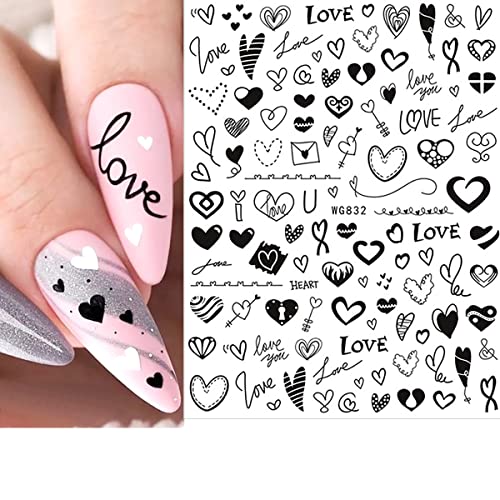 6 Sheets 3D Heart Nail Art Stickers Hearts Nail Decals For Acrylic Nails Natural Fingernails Black Red Cupid Love Nail Stickers For Women Girls Kids Heart Nail Designs For Valentines Nail Decorations #TOP6