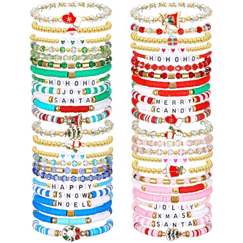 Landical 40 Pcs Christmas Bracelets Surfer Heishi Bracelets Set Colourful Stretch Bracelets Christmas Bracelets Christmas Party Supplies