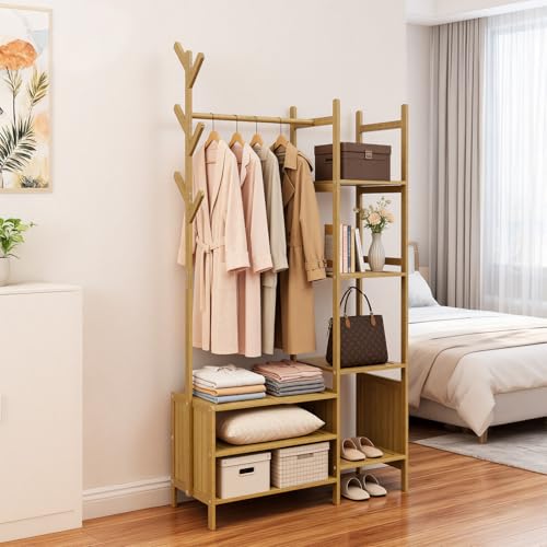 Warmiehomy Clothes Rail with Shelves 158cm Height Clothes Rack with Storage and Hooks Hanging Rail with 6 Storage Shelves for Bedroom Entryway Bathroom Hallway and Office 100x30x158cm Natural