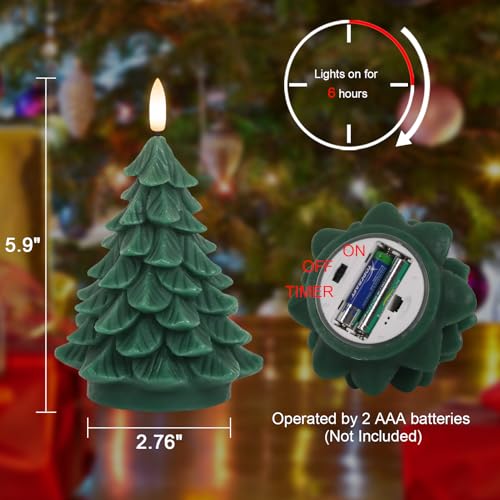 Image of Wondise Christmas Tree Flameless Candles Timer, 2 Packs Green Real Wax Battery Operated 3D Wick LED Flickering Candles Realistic Christmas Tree for Christmas Holiday Indoor Dinner Decor(2.76 inch x 5.9 inch)