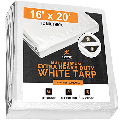 Heavy Duty White Poly Tarp 16' x 20' Multipurpose Protective Cover - Durable, Waterproof, Weather Proof, Rip and Tear Resistant - Extra Thick 12 Mil Polyethylene - by Xpose Safety