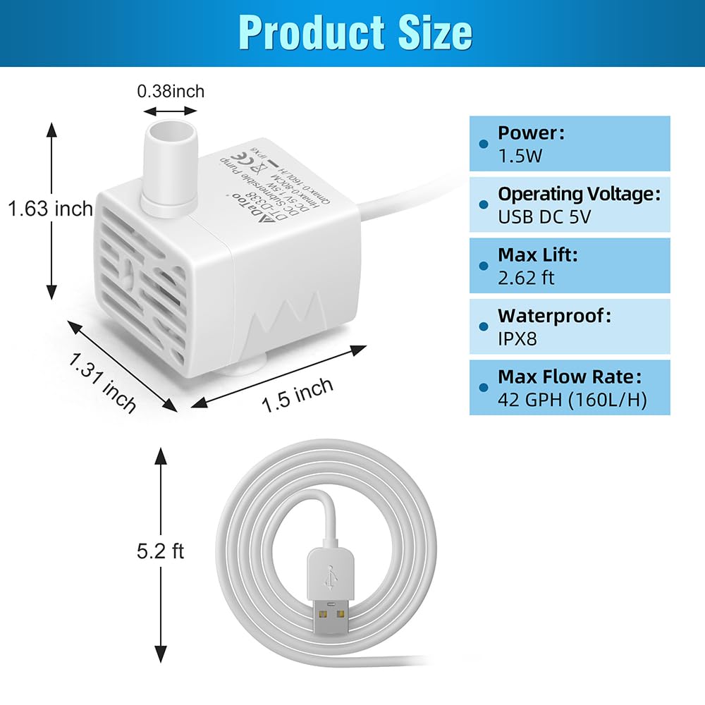 DaToo Bomba de fuente de agua para gatos, ultrasilenciosa, USB, 5 V, sumergible, para mascotas, bomba de repuesto IPX8, impermeable, dispensador de agua para gatos