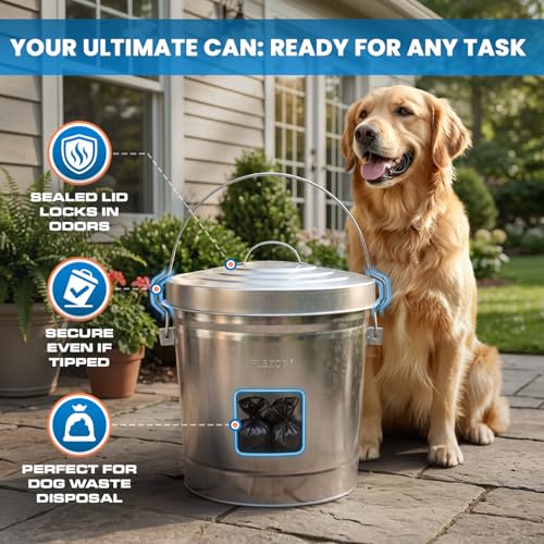 Image of Plexon 6 Gallon Small Metal Trash Can with Lid Outdoor Locking Galvanized Metal Garbage Can with Lid for Poultry Feed Bird Seed Storage Ash Galvanized Bucket