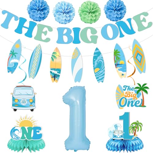 The Big One Party Decorations: The Big One Birthday Decorations with Banner Surf Board Garland Swirls Centerpieces Balloon Pom Poms for Surf 1st Birthday Summer Beach Party Supplies