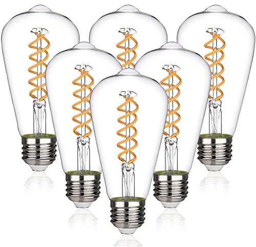 MEILUX ST58 6W Vintage Edison LED Bulb , Warm White 2700K, Antique Flexible Spiral LED Filament Light Bulb,600Lm Dimmable with 80+ CRI , 6W Equivalent to 60W, E26 Base,Clear Glass (6W-2700K-6 Pack)