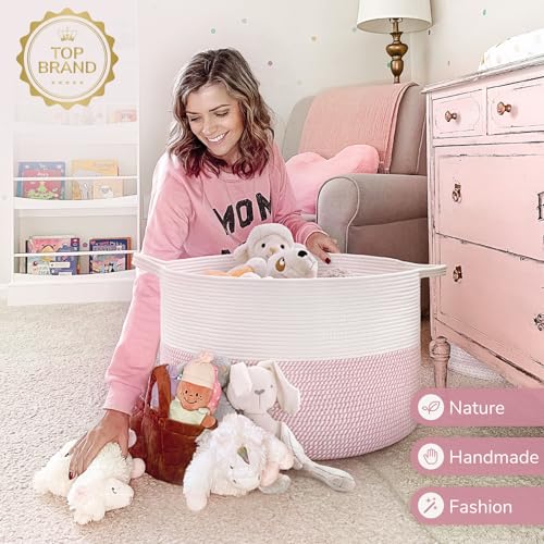 Image of INDRESSME XXXLarge Storage Basket with Handle, Pink Laundry Basket for Nursery Stuffed Animal Storage, Baby Baskets Kids Toy Organizer, 21.7 inch x 21.7 inch x 13.8 inch, Pink