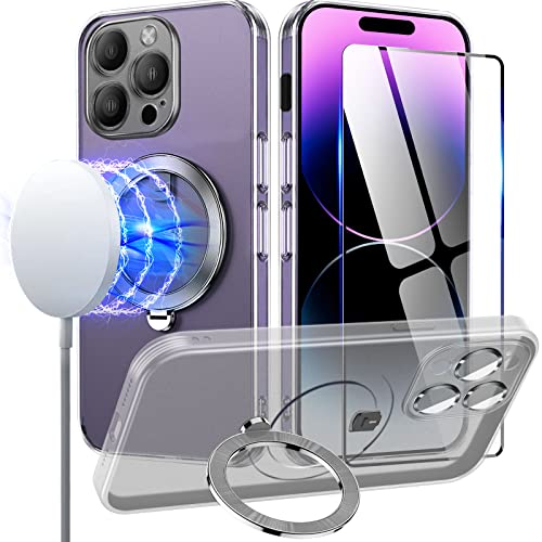 Magnética Funda para iPhone 14 Pro Max con Anillo, Compatible con Magsafe Carcasa con Templado Protector, Rígida Protectora Completa Estuche Magnetic Case Compatible con iPhone 14 Pro Max Transparente Cover