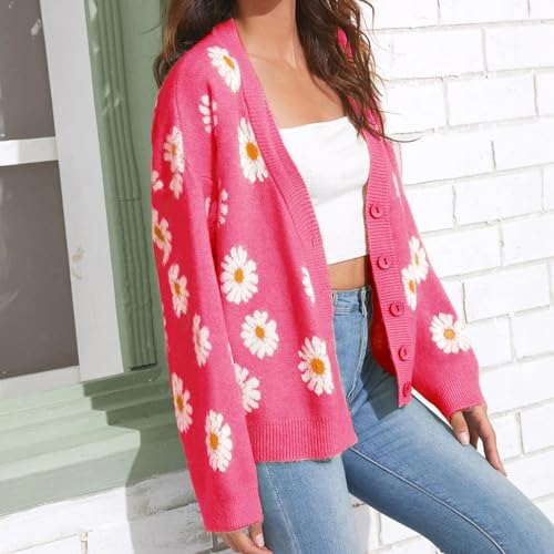 Image of Women's Long Sleeve Cardigan Sweater,Cute Y2K Top Knit Colorful Patterned V Neck Button Outwear S~XL