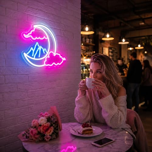 Image of Cloud Moon Mountain Neon Sign Led Neon Lights Neon Signs for Wall Decor Light Up Sign for Birthday Party Club Gift