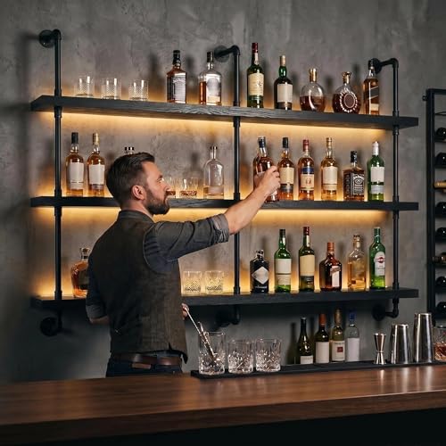Image of HOUSESET 36 /48 /60 /72 /84in Wine Wall Rack with Led Lights, 3-Tiers Modern Pipe Liquor Bottle Display Shelf, Bar Shelves Wall Mounted for Commercial Bar, Restaurant, Home