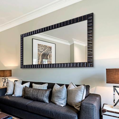 Image of Modern Wooden Black Bedroom Mirror, 60 inch x30.5 inch Mirror Wall Decor, Rectangular Relief Frame, Tempered Glass, Vintage Farmhouse Style for Living Room /Entryway /Bathroom (Black, 60 inchx30.5 inch)