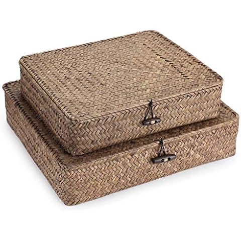 Hipiwe Set of 2 Flat Woven Wicker Storage Bins Cover