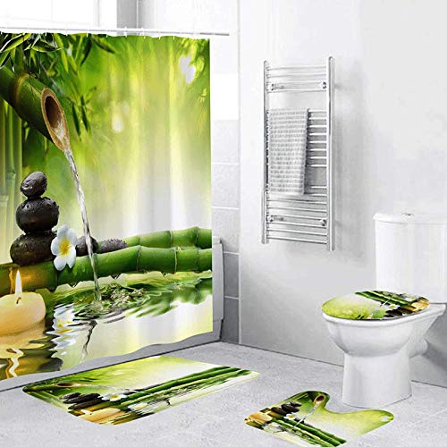 Minyose 3D Digitaldruck Vollpolyester Wasserdicht Duschvorhang Bodenmatte Toilettenmatte Badezimmer 4-Teiliges Set 180X180 cm Cover