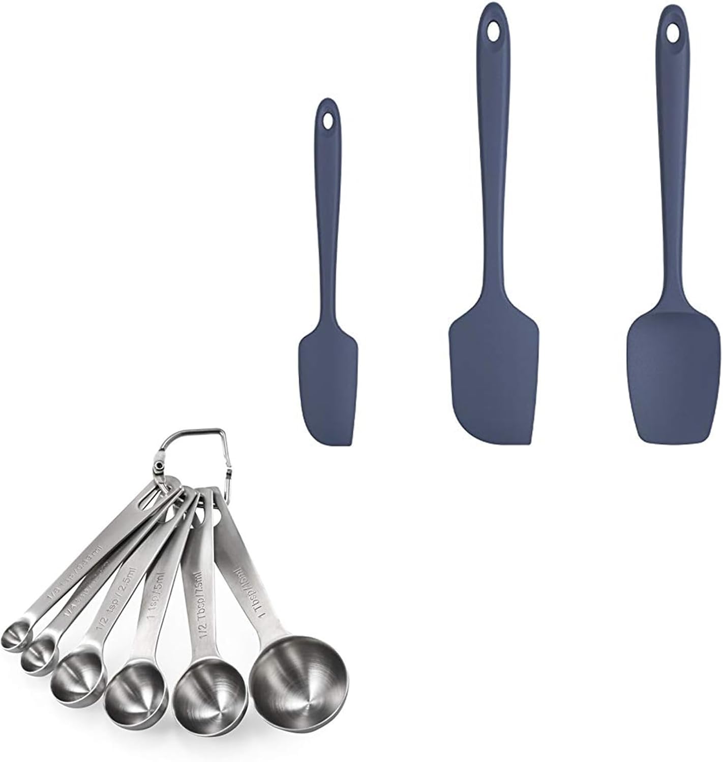 U-Taste 18/8 Stainless Steel Measuring Spoons Set of 6 Piece, U-Taste Silicone Spatula Set (Midnight Blue)