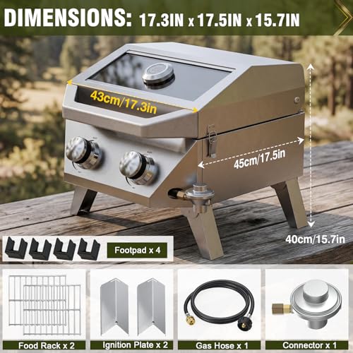 Image of BESTFIRE 2-in-1 Portable Propane Grill, 20,000 BTU 2-Burner Tabletop Gas Grill for Camping & RV, Stainless Steel BBQ with Viewing Glass Lid, Thermometer & Dual-Gas Connection