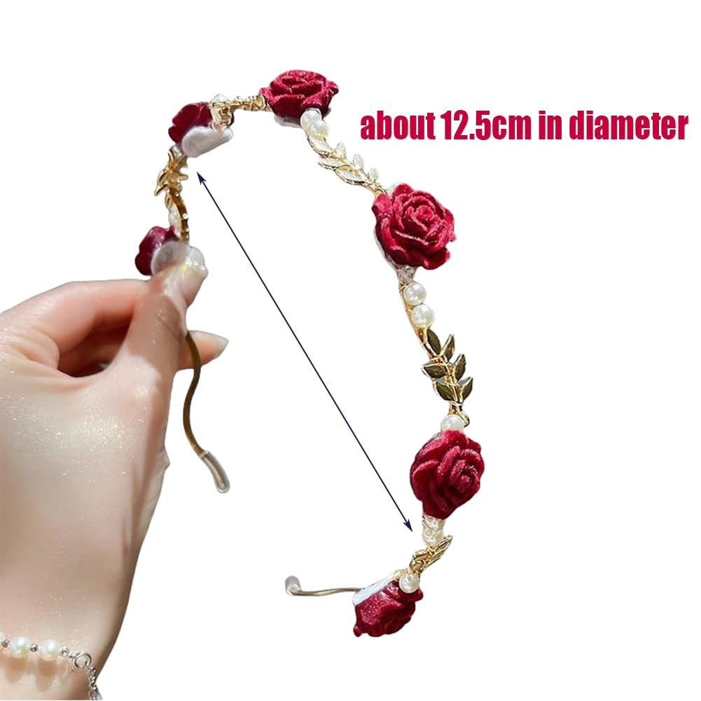 Red Rose and Pearl Headband Thin Brim Flower Hairbands Bridal Headpiece Artificial Pearls Floral Hair Hoop Accessories for Wedding Party - Image 2