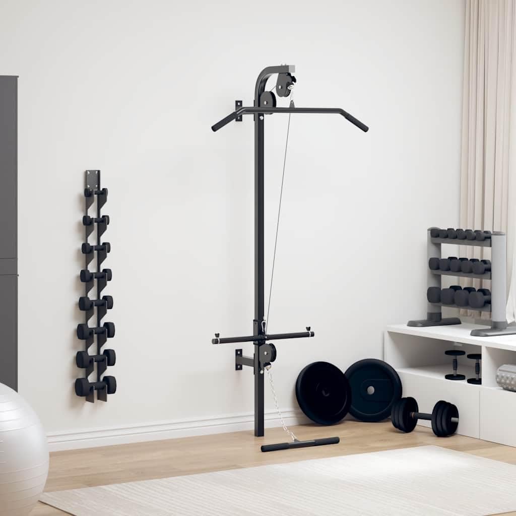 vidaXL Gym à Fixer au Mur, 2 Poulies, Tirage Vertical et Bas, Structure en Acier Robuste, 99x53x194 cm, Poignées Soft-Grip, Supporte 120 kg de Disques, Compatible Disques 25 mm