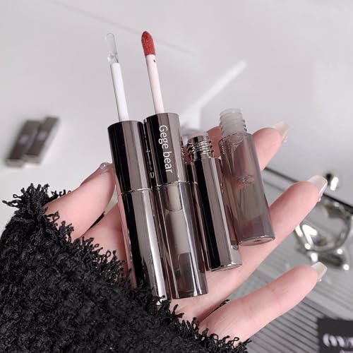 Image of Gege Bear Dual Lip Gloss | Matte & Mirror Glossy Double Headed Liquid Lipstick | Velvet Matte & High Shine | Nude Dream Red Wine Sakura Pink Brown | Moisturizing Lip Care Gloss | Korean Style Makeup Aesthetic | Best Hydrating Lipstick For Women (01# First Beauty, 2gX2)