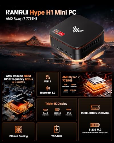 Image of KAMRUI Hyper H1 Mini Gaming PC, AMD Ryzen 7 7735HS(Beats 7640HS /6800H), 16GB LPDDR5 512GB M.2 NVMe SSD Mini PC(8C /16T,up to 4.75GHz), 16MB L3 Smart Cache, Triple 4K Display /WiFi6 /BT5.2 /Mini Desktop PC