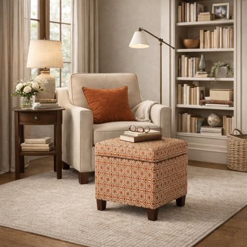 Image of HomePop Upholstered Storage Cube Ottoman with Hinged Lid, Orange Geometric 17 inch x 17 inch x 18 inch