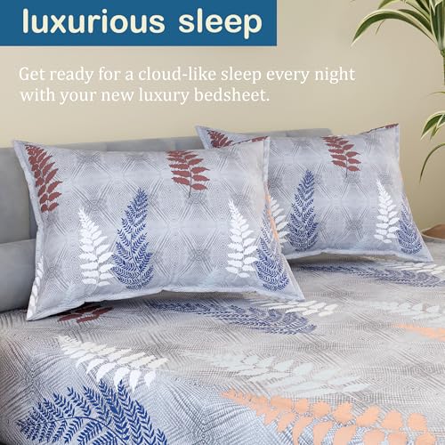 Image of Kuber Industries Cotton 150 TC Double Bedsheet With 2 Pillow Covers | Machine Washable Soft Bedsheet For Living Room, Home & Hotels | Leaf Fitted Print - Grey