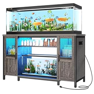 55-75 Gallon Fish Tank Stand with Power Outlet&LED Lights, Heavy Duty Metal Aquarium Stand for 2 Fish Tank Accessories Storage, Suit for Turtle Tank, Reptile Terrarium, 880lbs Capacity, Grey