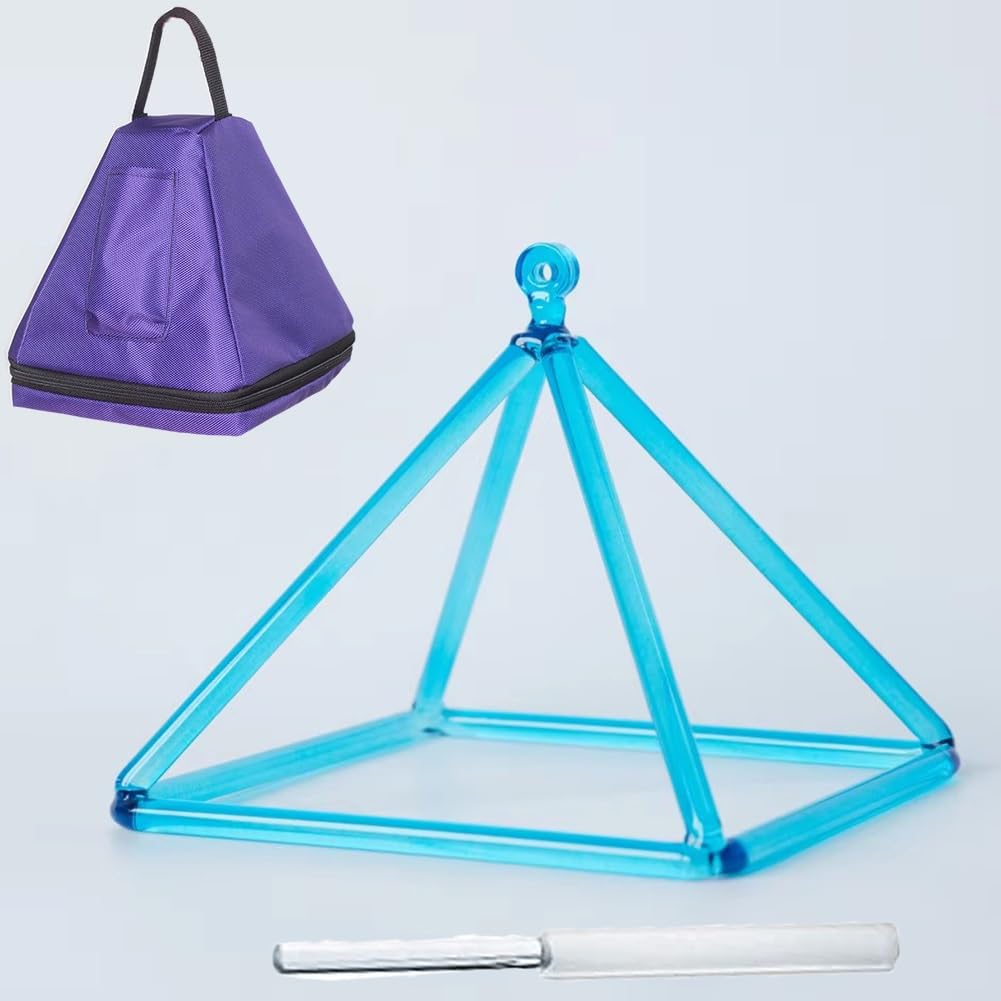 XBTGS Piramide cantante in cristallo di quarzo colorato con custodia per il trasporto, attaccante in cristallo e cinghia per appenderla, piramide canora dei chakra curativi, ciano, 22,9 cm