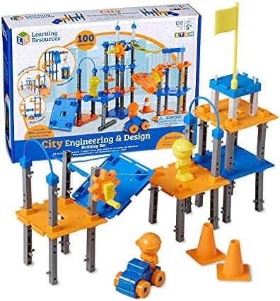 Learning Resources City Engineering and Design Building Set, Engineer STEM Toy, Construction Toys, 100 Pieces, Simple Machines Kids, Ages 5+