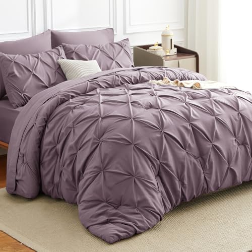 HIMEET Full Size Comforter Set Dusty Purple - 7 Pieces Pintuck Bed in a Bag