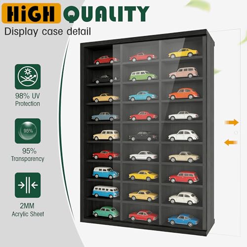 Image of Model Car Display Case 24 x 17 in, Holds 54 Fits 1 /64 Scale Toy car Storage Organizer,Wall-Mounted Toy Shelf Display Storage, Collapsible Wooden Box with 2 Acrylic Cover Plates (Only Box - Black)