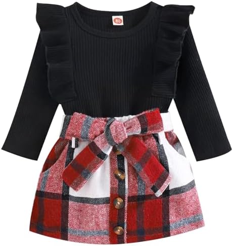 AMAWMW Toddler Baby Girl Fall Winter Clothes Long Sleeve Ruffle Shirt Corduroy Mini Skirt Infant Girl A-line Dress
