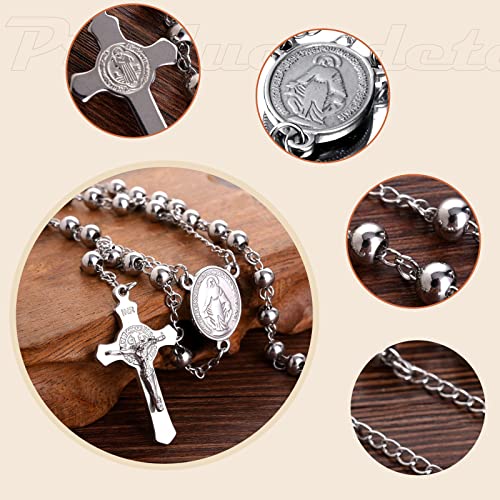 30" Stainless Steel Rosary Beads Necklace 6mm Silver Color with Jesus Christ Crucifix Cross4