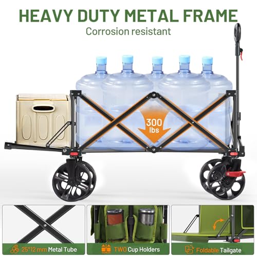 Image of TIMBER RIDGE Beach Wagon with Tailgate, 300 lbs Heavy Duty Collapsible Wagon with All-Terrain Big Brakes Wheels, Foldable Utility Cart for Sand Sports Shopping, Green