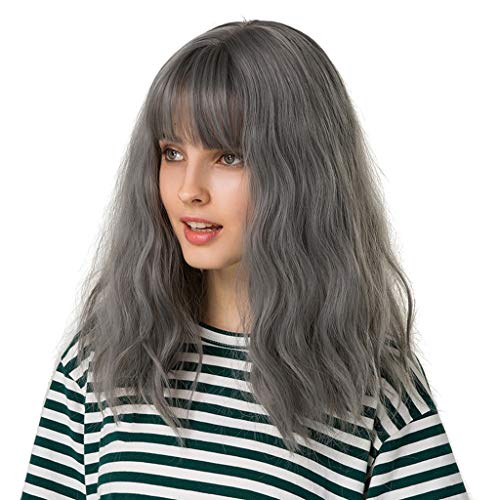 16 '' Peruca Cinza Ondulado Feminino W/Bangs Para Fantasia Vestido Festa Halloween Cosplay