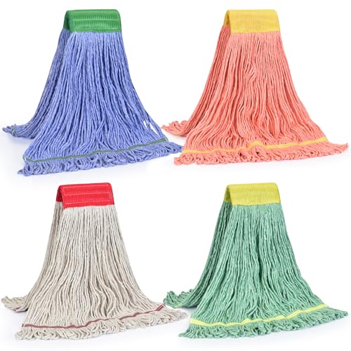 Image of Matthew Cleaning Heavy Duty Mop Head Replacement, 5 Inch Wide Headband, Color Coded Looped End Cotton String Wet Mops for Floor Cleaning, Medium Size 18 oz, 4 Pack