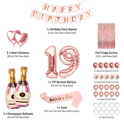 19th Birthday Party Decorations Rose Gold Supplies Big Set for Women and Girls with Happy Birthday Balloons Banner and 19 Digit Balloon for Her Including Latex and Confetti Balloons by PartyForever - Used condition - Image 2
