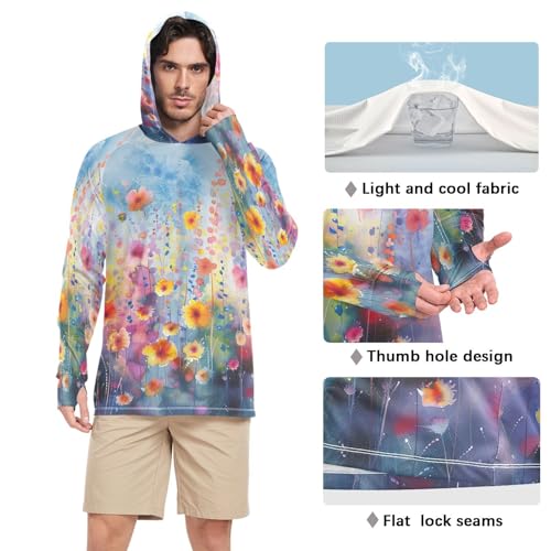 xigua Ink Painting Of Flowers Men's UPF 50+ Sun Shirts Quick Dry Sun Protection Hoodie With Long Sleeve 6434