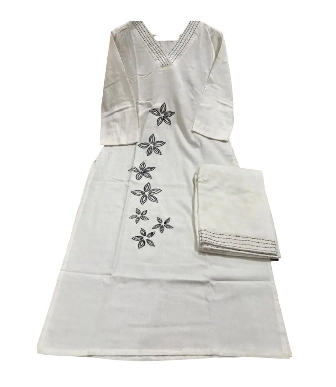 Women's Cotton Kurta with Palazzo Set, Off-White, Floral Embroidery, 3/4 Sleeves, V-Neck