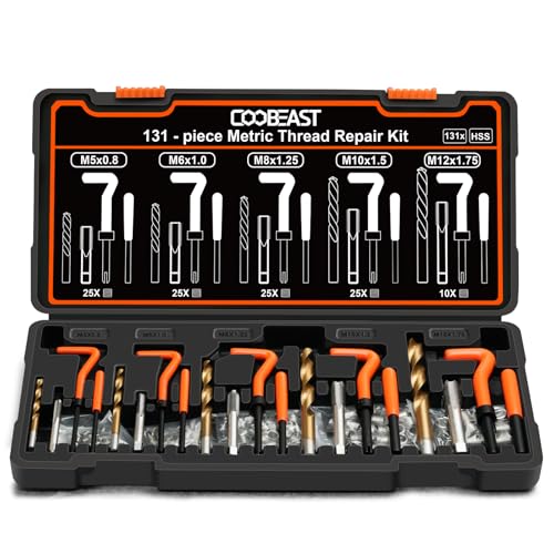 coobeast 131PCS Thread Repair Kit Metric Helicoil Repair Kit with HSS Drill Bits 304 Stainless Steel Thread Insert & Rethreading Tool Set in M5 M6 M8 M10 M12 for Automotive Engine Spark Plug Repair
