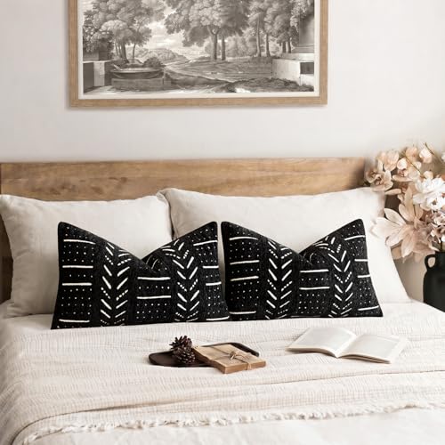 Image of Foindtower Set of 2 Decorative Chenille Jacquard Throw Pillow Covers Textured Farmhouse Lumbar Cushion Covers Neutral Boho Accent Home Decor for Sofa Chair Couch Bedroom Living Room,12x20 Inch,Black