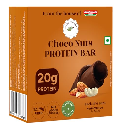 Image of Ayurvedant Choco Nuts Protein Bar, 20g Protein, No Added Sugar, 60g x 6 Pack|From The House Of Baidyanath