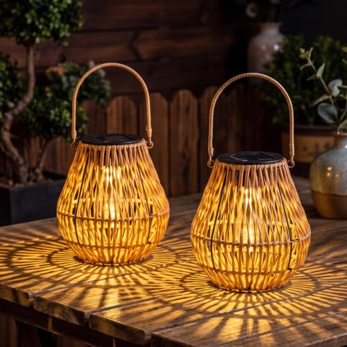 Lyeasw Solar Lantern Outdoor Waterproof, Boho Woven Solar Hanging Lantern Lights, 2 Pcs Decorative Warm White Solar Lights for Garden, Patio, Porch, Balcony, Backyard Decor, Housewarming Gift - image 1