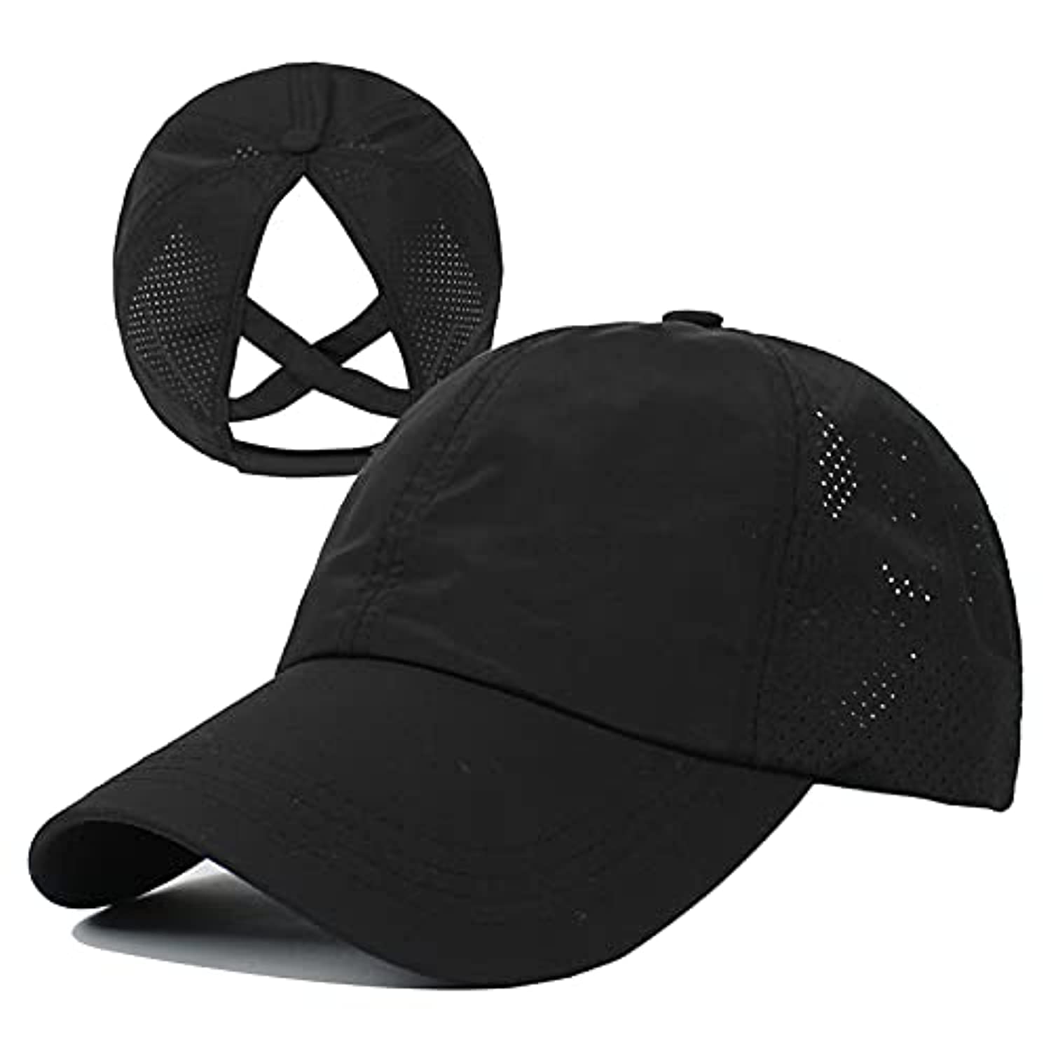 AoMoonCriss Cross Adjustable Ponytail Baseball Cap Quick Drying Sun Hats UV Protection Sport Cap for Women (Black), Black, One size