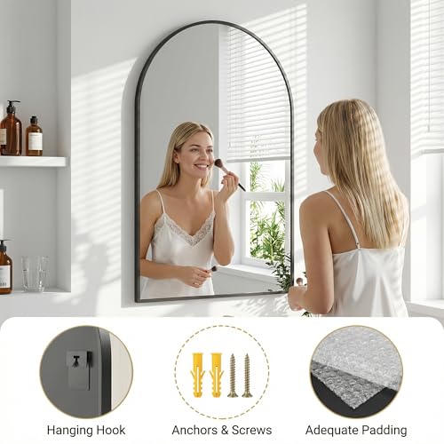Image of Antok Arched Bathroom Mirror, 24 inchx36 inch Wall Mounted Mirror, Vanity Mirrors for Over Sink, Aluminum Alloy Frame Bathroom Mirrors Living Room, Bedroom and Entryway, Black